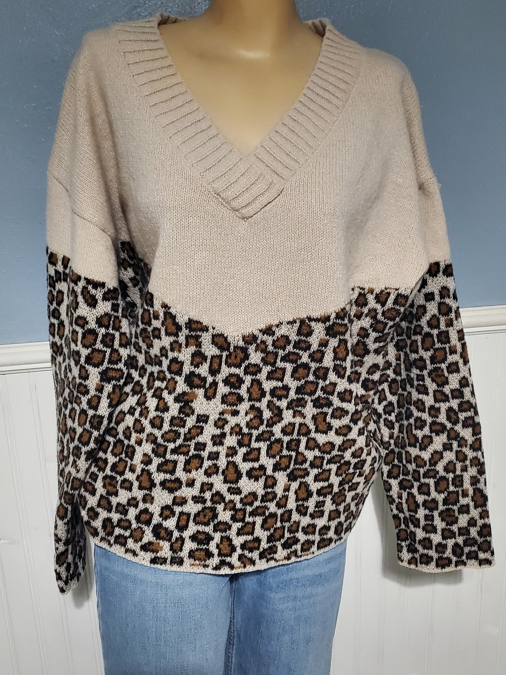 Beige V-Neck Leopard Print Flared Bell Sleeve Colorblock Sweater Fall